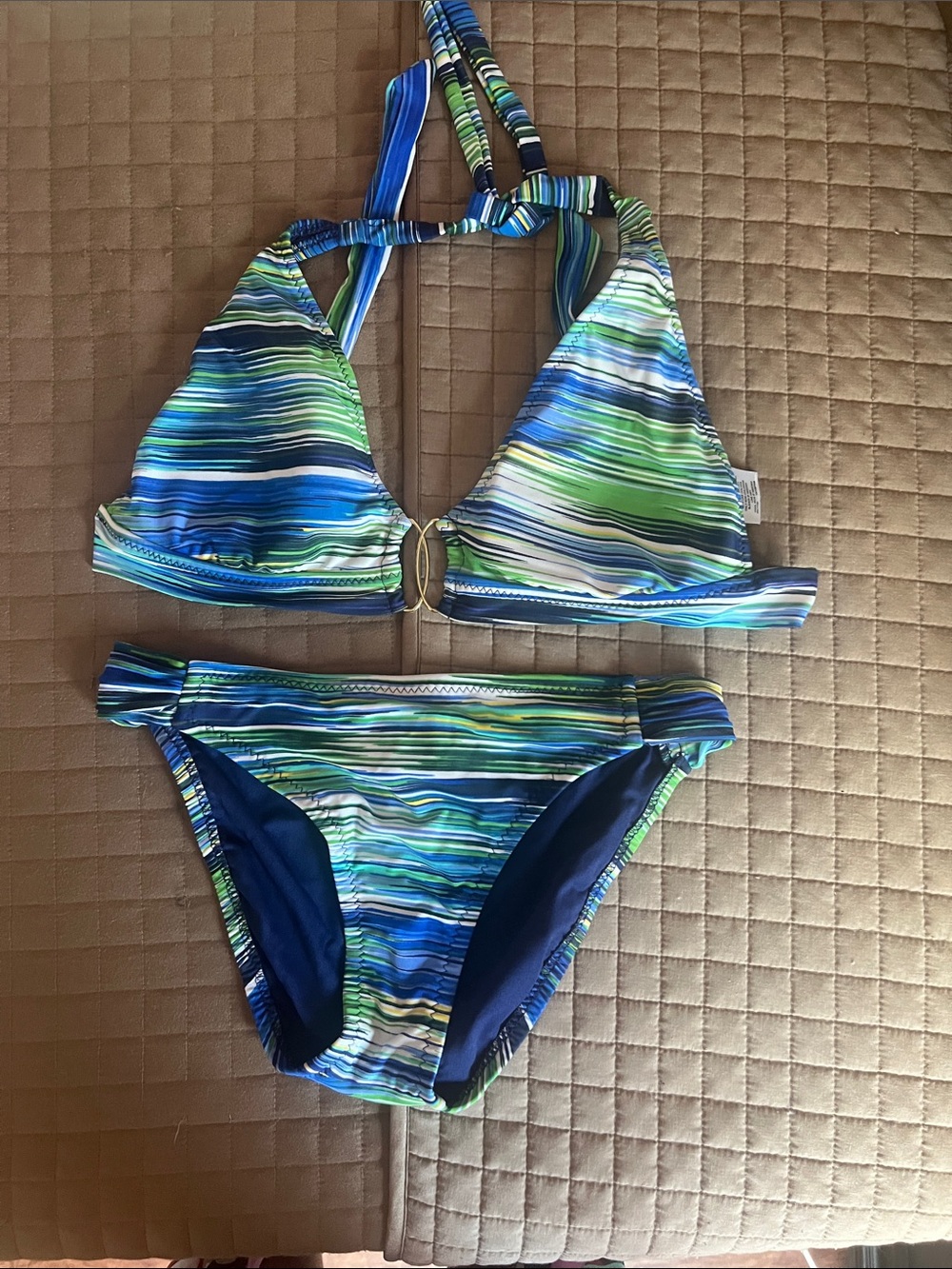 Striped Blue & Green Halter Bikini Set